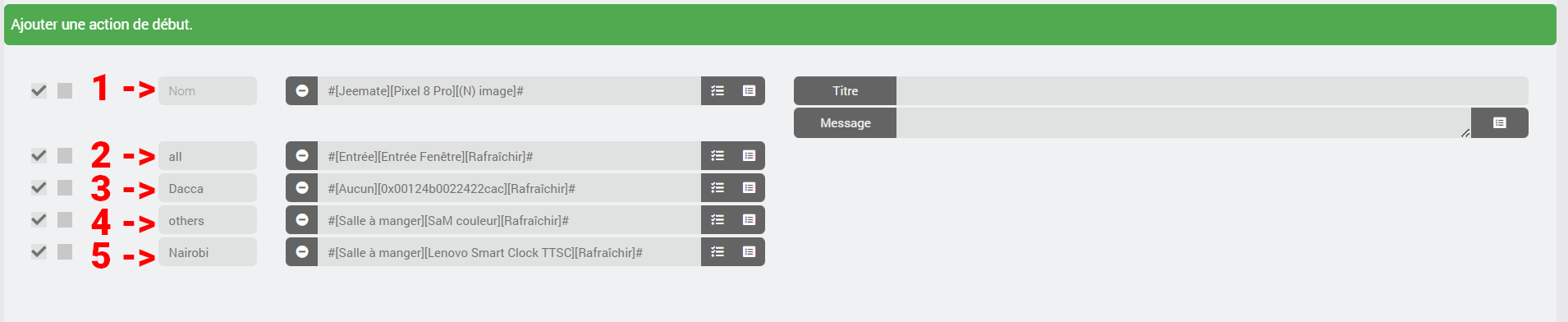 Configurations des actions